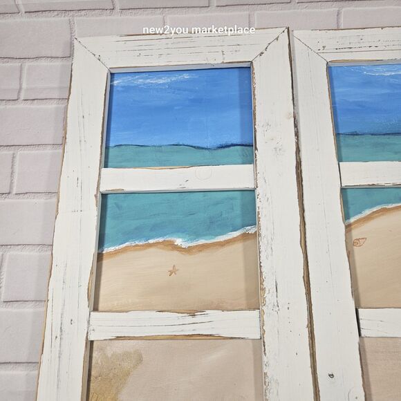 hand painted /made distressed wood frame beach scene canvas duo painting artwork - Picture 7 of 13